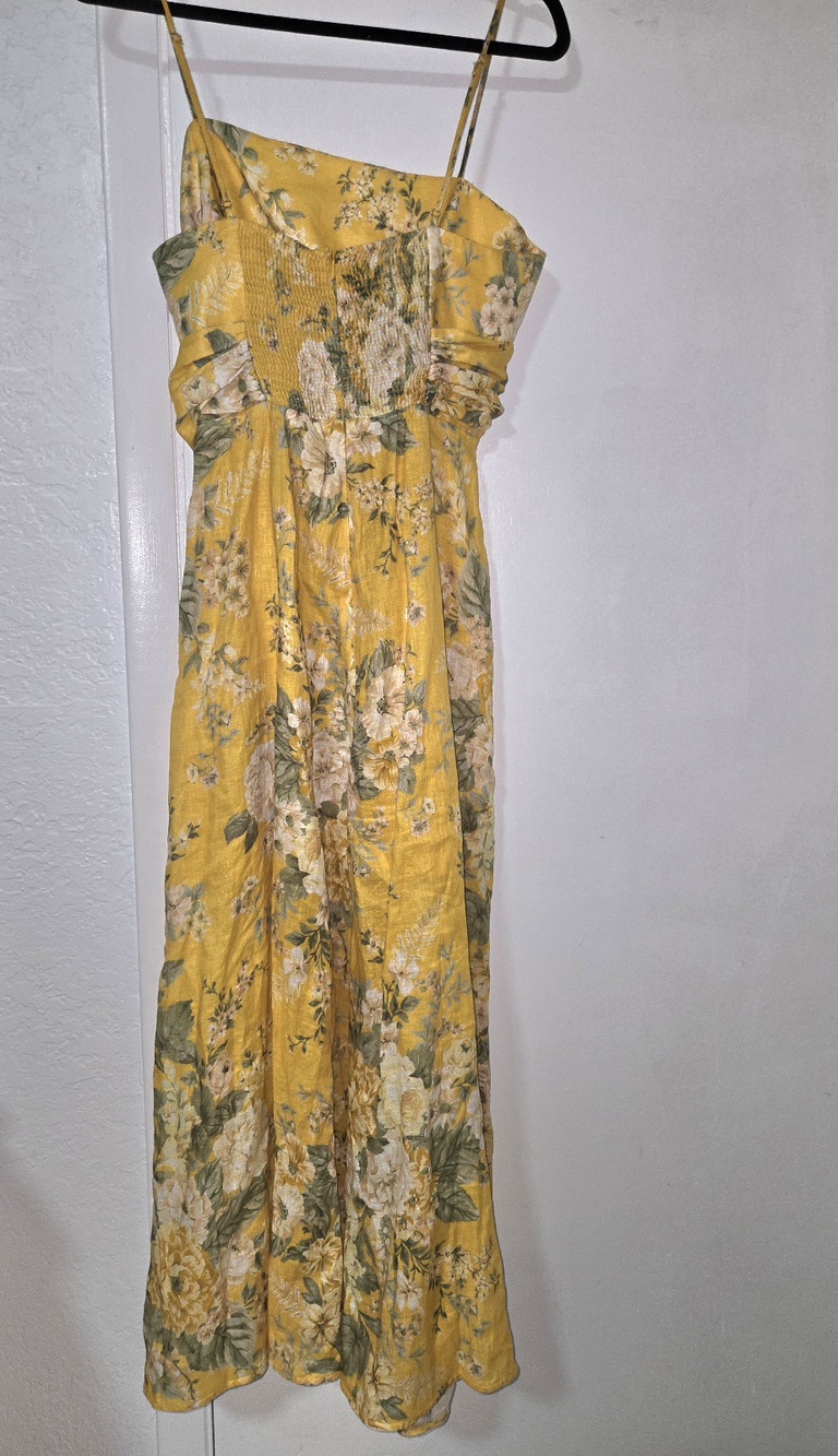 Zimmermann Patience Midi Dress Mustard Floral Linen Cutout Size 3 US 10